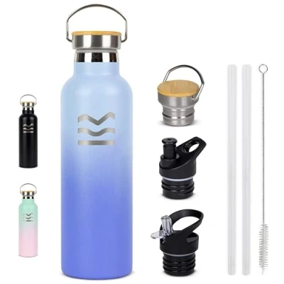 Imagen de Botella Agua Acero Inoxidable Azul HUIIKE Termica 750ml con 3 tapones Termo Fria 24 horas y Caliente 12 sin BPA, Gimnasio