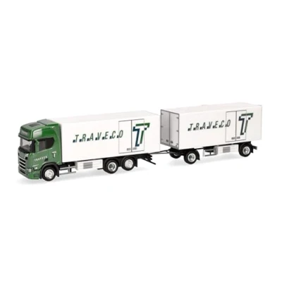 Imagen de herpa Camión Modelo Scania CR20 HD Remolque de Caja Refrigerada Traveco (Suiza/Sursee), Miniatura a Escala 1:87, Pieza colección, plástico