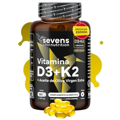 Imagen de Vitamina D3 y K2 MK7 con Aceite de Oliva Virgen Extra 2000 UI + 100 µg Alta Biodisponibilidad MK 7 Suplemento Vit D para la Salud Inmunológica, Huesos Músculos Sin Gluten