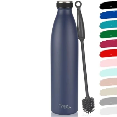 Imagen de Milu botella de acero inoxidable 350ml 500ml 750 ml 1 L 1,5 agua aislada, termo a prueba fugas, doble pared, apta para ácido carbónico + cepillo limpieza (Azul marino, L)