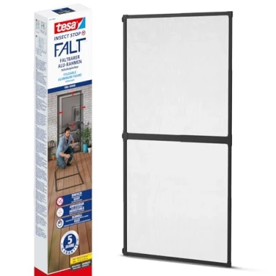 Imagen de tesa Insect Stop FALT Malla mosquitera para puertas con Marco de aluminio plegable telescópico ajustable Gris antracita 80 cm x 170 a 100 220