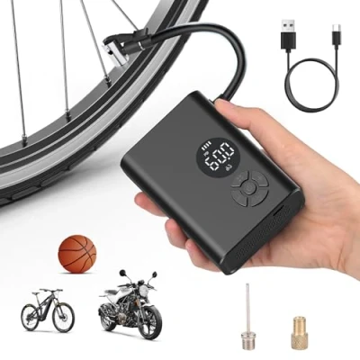 Imagen de Bomba Electrica Bicicleta Portátil, 130 PSI Mini Compresor de Aire con Pantalla Digital y LED, Válvulas Presta/Schrader, Ideal para Bicicletas Eléctricas, MTB, Carretera Balones