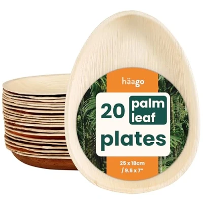 Imagen de HAAGO 20 Platos en forma de gota agua hoja palmera (25cm) compostables y desechables Picnic exterior Ecológicos Congelador microondas