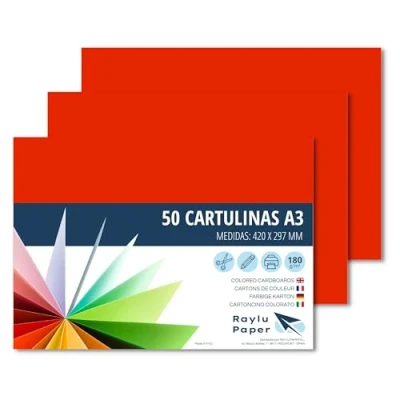 Imagen de Raylu Paper® Cartulinas A3 50 Unidades, 180g/m², 420 x 297 mm. de colores con tacto suave, perfectas para encuadernación, oficina, dibujo y manualidades. (Rojo)