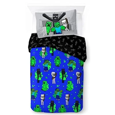 Imagen de Jay Franco Minecraft Fight Back Juego de Ropa Cama Infantil 100% algodón 135 x 200 cm Tamaño Individual Funda nórdica + Almohada 50 70