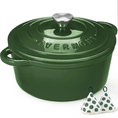 Imagen de Overmont Horno holandés de hierro fundido esmaltado, olla 5.5 cuartos con tapa, libro cocina y agarraderas algodón, utensilios resistentes para estofar, guisos, asar, hornear pan