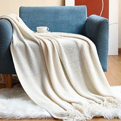 Imagen de LumiSyne Manta De Punto con Flecos Color Sólido Rejilla Piña Comoda Suave Cubresofa Cubrecama Decorativa para Sofá Cama 170x130cm