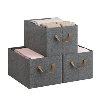 Imagen de WOLTU Juego de 3 Cajas Plegables,Cajas Almacenamiento Plegables, Organizadoras Tela con Asas, Almacenaje para Ropa y Juguetes en Armarios, Gris, 37,5x20x26 cm, ABB08gbn