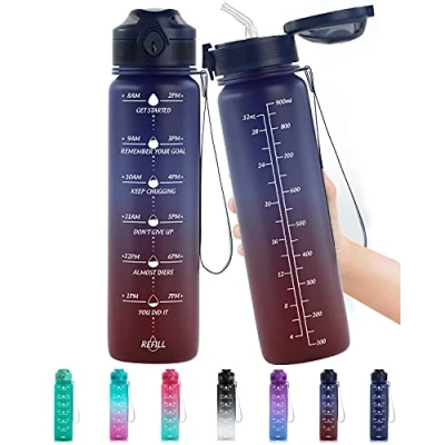 Imagen de Lunidry Botella de Agua Deportiva, 1L Reutilizable Motivacional Sin Bpa Tritan Plástico con Marcador Tiempo &amp; Pajita para Niños, Deporte, Gym, Gimnasio, Bicicleta, Trekking