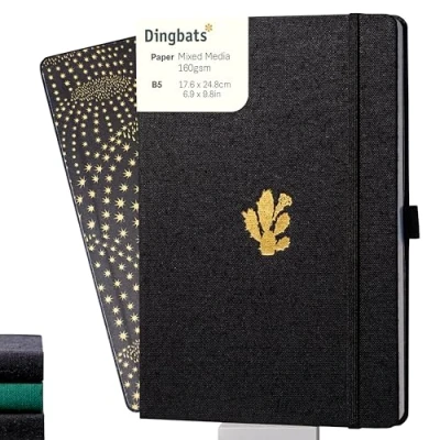 Imagen de Dingbats* Pro B5 Grande Cuaderno Rayado Libreta Con Cubierta Textil Negra, Encuadernada Hilo Para Trabajar, Viajar Cierre Elástico, Marcador