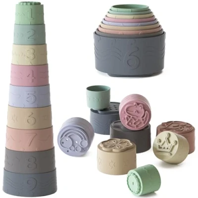 Imagen de Yitical Cubos Apilables Bebe 9 Piezas para 6 12 Meses, Montessori Educativos Juguetes Niños 1 Año, Mordedor Bebe, Regalos Niña Niño, Torre de Apilamiento con Números