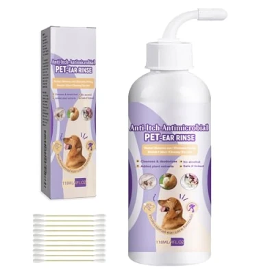 Imagen de KMANGMAN 118 ml Limpiador Oidos Perros+10 Pcs Hisopos de Algodón Doble Punta Limpieza Perros 7.1 cm,Limpiador Orejas Perros,Limpiador Gatos,Limpiador Perros,para Mascotas