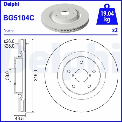 Imagen de DELPHI BG5104C Disco de freno 316 28 5 ventilado revestido sin procesar cojinete rueda, anillo sensor ABS