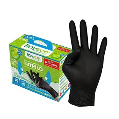 Imagen de Bayeco Guantes de un solo uso Nitrilo Color Negro Ambidiestros Dedos texturizados para mejor agarre Terminación bordillo enrollado Pack dispensador 20 unidades Talla M