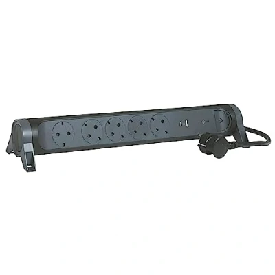 Imagen de Legrand 694514, Regleta de enchufes con protección contra sobretensión, USB, Interruptor, Enchufe múltiple 5 Tomas Corriente, Cable 1,5 MTS., Color Negro/Gris Oscuro