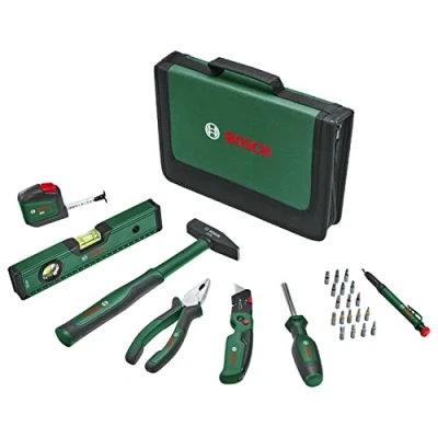 Imagen de Bosch Home and Garden Universal Juego de Herramientas Manuales, 25 Piezas, Kit Versátil para Uso General en Bricolaje Doméstico, Cúter, Alicate Combinado, Cinta Métrica, Nivel