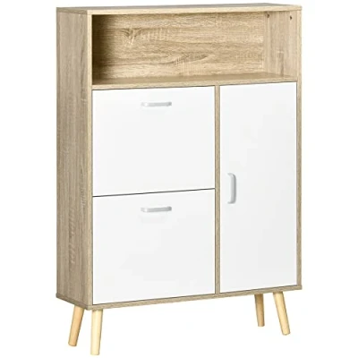 Imagen de HOMCOM Mueble Zapatero para 8 Pares de Zapatos Armario con 2 Cajones Abatibles Estante Abierto y Puerta Pasillo Entrada 80x25,5x112,5 cm Natural Blanco