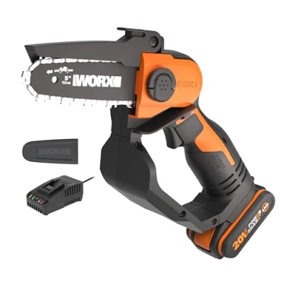 Imagen de WORX Motosierra compacta inalámbrica WG324E de 12 cm y 20 V con batería 2.0 Ah cargador, motor ligero alta eficiencia, diseño seguro
