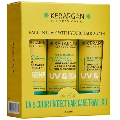 Imagen de Kerargan Kit Viaje UV &amp; Color con Marula para Cabello Seco/Teñido Champú, Acondicionador, Mascarilla Sin Sulfatos, OMG, Aceite Mineral 3x100ml