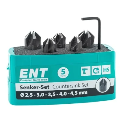 Imagen de ENT 26518 Juego de 5 Avellanadoras HSS Ø 2,5 4,5 mm en Incrementos 0,5 mm, E 90, para Madera y Plástico