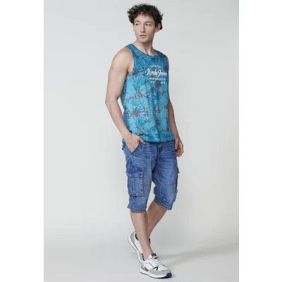 Imagen de Camiseta Sin Mangas de Algodón. Cuello Redondo. Estampado Tropical. Color Menta para Hombre