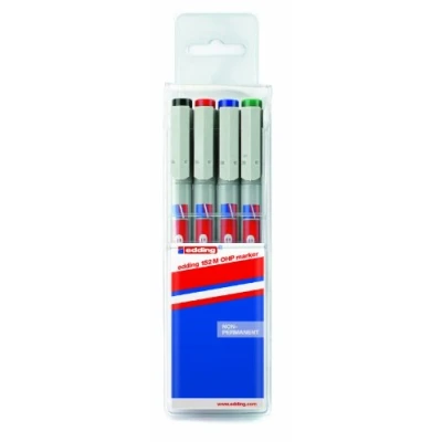 Imagen de edding 152 M non permanent pen set de 4 negro, rojo, azul, verde plumilla redonda 1 mm bolígrafo para escribir sobre vidrio,plástico superficies lisas secado rápido, se puede corregir con agua