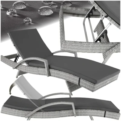 Imagen de TecTake® Tumbona Jardín Exterior de Ratán y Aluminio, Piscina con Respaldo Regulable en 5 Posiciones, Playa Impermeble Resistente a Intemperie, Fácil Limpieza Gris Claro