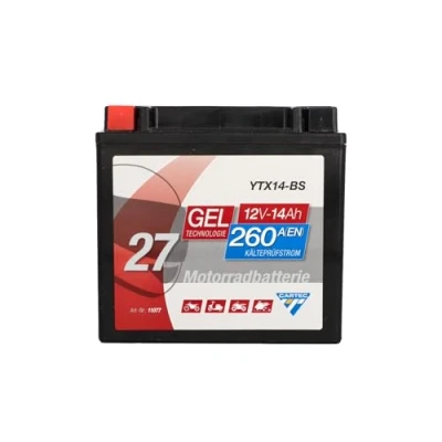 Imagen de batería de motocicleta CARTEC YTX14 BS, 12Ah, 200A, arranque con tecnología gel, calidad OEM, ciclo profundo, almacenable, sin mantenimiento