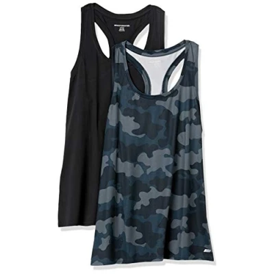 Imagen de Amazon Essentials Camiseta Técnica con Espalda Deportiva en Tejido Elástico (Disponible Tallas Grandes) Mujer, Pack de 2, Gris Camuflaje/Negro, M
