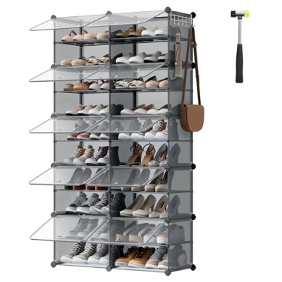 Imagen de SONGMICS Mueble Zapatero Plástico, 10 Compartimentos, Modular, Estantería Modular de 30 x 40 cm Cada Cubo, con Puerta, Marco Acero, Panele Gris Pizarra LPC035G01