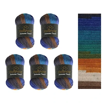 Imagen de Wollbiene Summer Touch Batik 5 ovillos de 100 gramos lana multicolor degradado, 500 g, mercerizada, microfibra acrílica (512 turquesa, marrón y naranja)