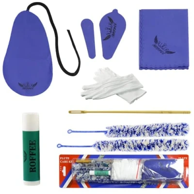 Imagen de kit de limpieza flautas, cuidado y mantenimiento aceite clave, grasa corcho, hisopo, paño limpieza, cepillo barra
