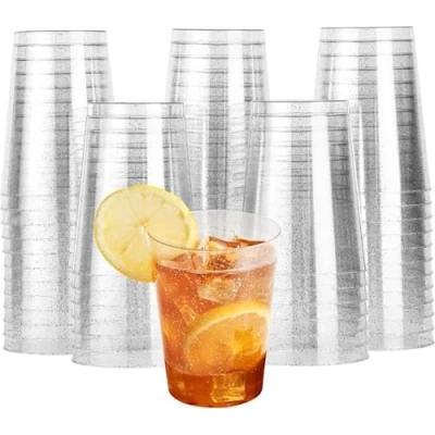 Imagen de MATANA 60 Vasos Transparentes de Plástico Duro con Brillo Plateado (285ml / 10oz) Resistentes y Reutilizables para Cumpleaños, Bodas, Navidad, Pascua, Barbacoas, Fiestas