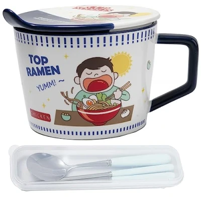Imagen de lachineuse Cuenco de fideos instantáneos Ramen japonés y chinos con cubiertos tapa para desayuno, sopa, arroz Idea regalo asiático Japón China Taza Noodles
