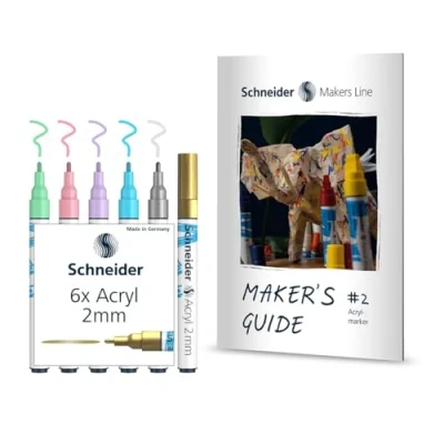Imagen de Schneider Paint It Juego de rotuladores acrílicos (2, punta redonda 2 mm, pinturas acrílicas altamente opacas para madera, lienzo, piedra, etc.), 6 unidades, incluye guía Makers