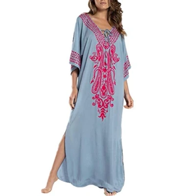 Imagen de YouKD Verano Algodón Bordado Floral Flojo Caftán Boho Vestido de Bikini Playa Bata Talla Grande para Mujer