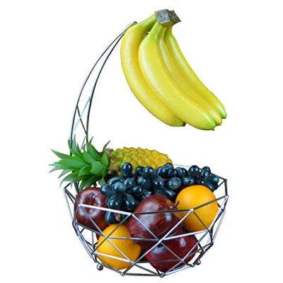 Imagen de Roselife cuenco de metal para fruta,cesta frutas， frutas ，con colgador plátano, almacenamiento frutas, oro rosa, plata, acabado cromado 28.5x 28.5 x 43cm plata