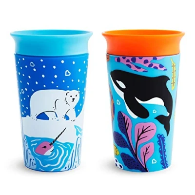 Imagen de Munchkin Vaso Bebé y Niños Pequeños, Set de Vasos con Borde 360º, Antiderrame Silicona Libre BPA, Apto para Lavavajillas, Embalaje Reciclado, Lote 2 x 266 ml, Orca/Oso Polar