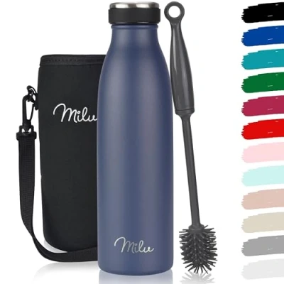 Imagen de Milu botella de acero inoxidable 350ml, 500ml, 750ml, 1000 ml, agua aislada, termo a prueba fugas, apta para ácido carbónico, incluye cepillo limpieza (azul marino, 500 ml)