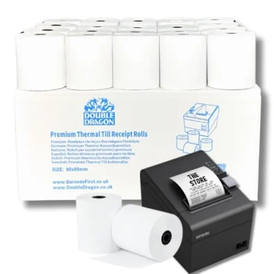 Imagen de Double Dragon Rollo de Recibo Térmico Premium 80 x mm para Impresora EPOS, Terminal POS, Caja Registradora [Paquete 10]