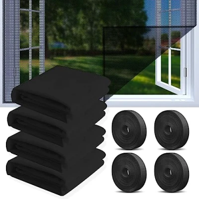 Imagen de 4 Mosquitera para Ventana,130 x 150 cm Ventana Autoadhesiva con rollos de cinta autoadhesiva,Pantalla Universal que mantiene a los insectos,moscas/mosquitos (Negro++)
