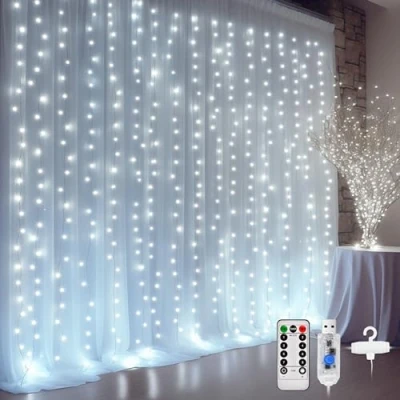Imagen de DazSpirit Luces de Cadena Cortina, 3Mx3M 300 LED Cortina Luz USB con Mando a Distancia 8 Modos Luz, Resistente al aguapara para Decoración Navidad Fiestas (Blanca)