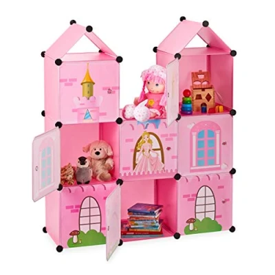 Imagen de Relaxdays Estantería Modular Infantil, Castillo de Princesas, Plástico, Armario con Puertas, 128 x 110 37 cm, Rosa, PP