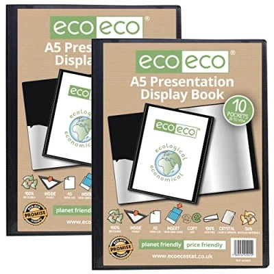Imagen de eco Eco041x2 Cuaderno de presentación 10 bolsillos, tamaño A5, 50% reciclado, color negro, estuche almacenamiento, carpeta arte con fundas plástico, paquete 2
