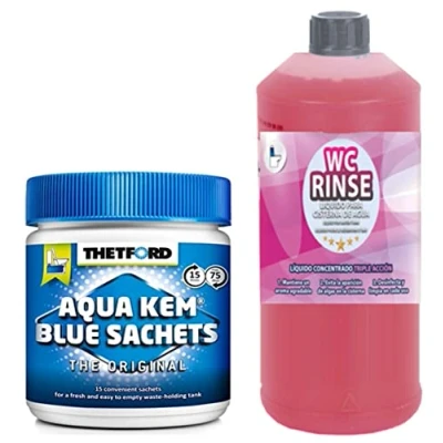 Imagen de PLANTAWA Aqua KEM Blue Sachets + Awaking Rinse 1L, Liquido WC Quimico Autocaravanas y Cisterna, Baño Portatil Camping,Camper,Potti,Aguas Negras Autocaravanas,Depósito Residuos