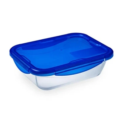 Imagen de Pyrex Cook &amp; Go Recipiente rectangular de vidrio con tapa 100 % hermética, para contener alimentos, apto horno y microondas, 20 x 15 cm, capacidad 0,8 l