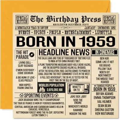 Imagen de Tarjetas de cumpleaños número 65 para hombres y mujeres Born In 1959 Newspaper Tarjeta feliz abuelo, abuela, vintage, retro en 1959, 145 mm x mm,