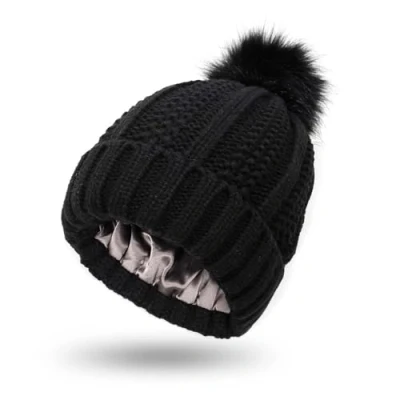 Imagen de Invierno Cálido Sombrero de Punto para Mujer con Forro Satén y Piel Sintética Pom la Bola Gorra Grueso Tejida Gorro