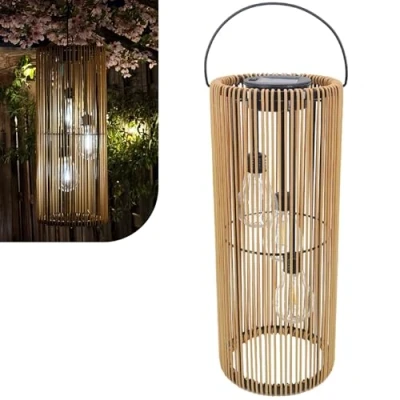 Imagen de Gadgy Farol solar para exterior con aspecto de ratán, lámpara colgante o mesa, lámparas solares exteriores, decoración terraza, balcón, exterior, mesa LED