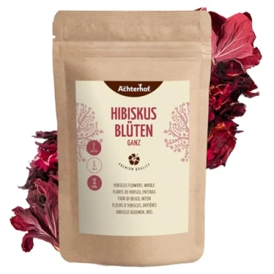 Imagen de Flores de hibisco enteras secas 1000g sabor ligeramente ácido afrutado flor comestible té dulce aromático ideal para ensaladas, postres, yogures vom Achterhof